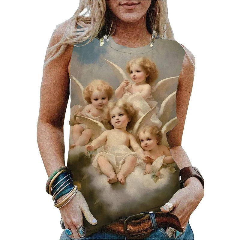 New Cute Angel Baby 3D Print Tank Tops Women Summer O-Neck Casual Vest Off Shoulder Y2k Sleeveless Top Camisole Woman Clothing