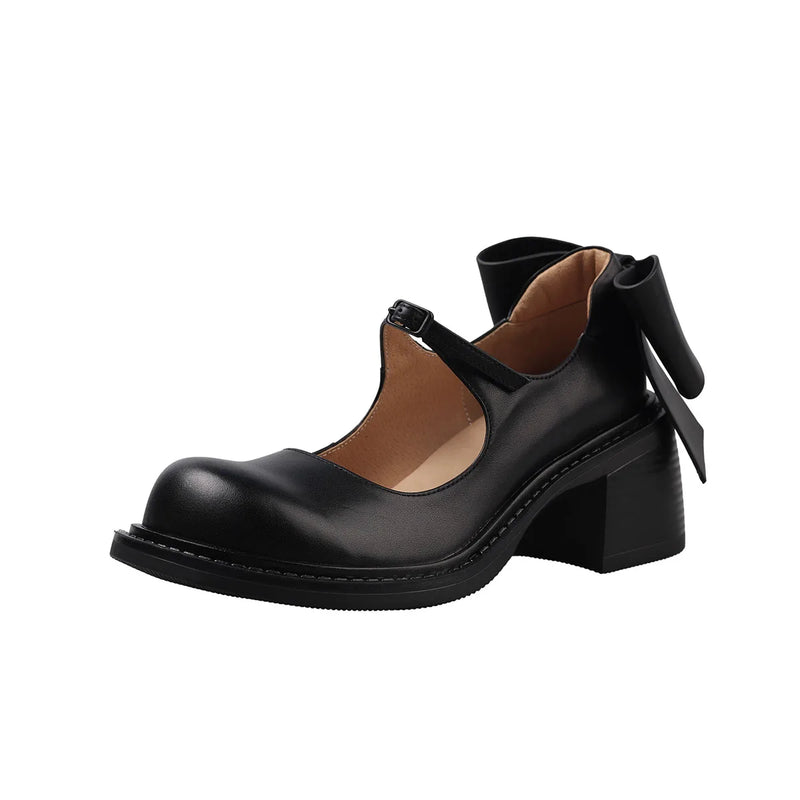 Arden Furtado Women's Mary Jane Shoes Cowhide Leather Round Toe High Heels Bowknot Chunky Pumps with Belt Buckle