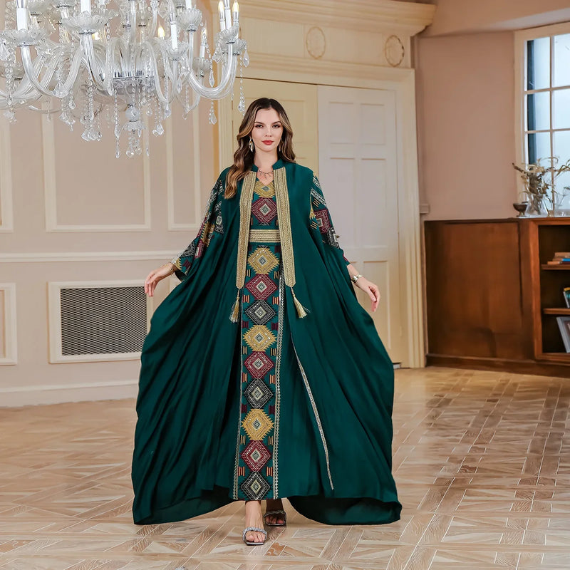 Eid Muslim 2 Piece Set Women Embroidery Dresses Open Abaya Suit Jalabiya Ramadan Dubai Kaftan Party Vestidos Cardigan Robe 2025