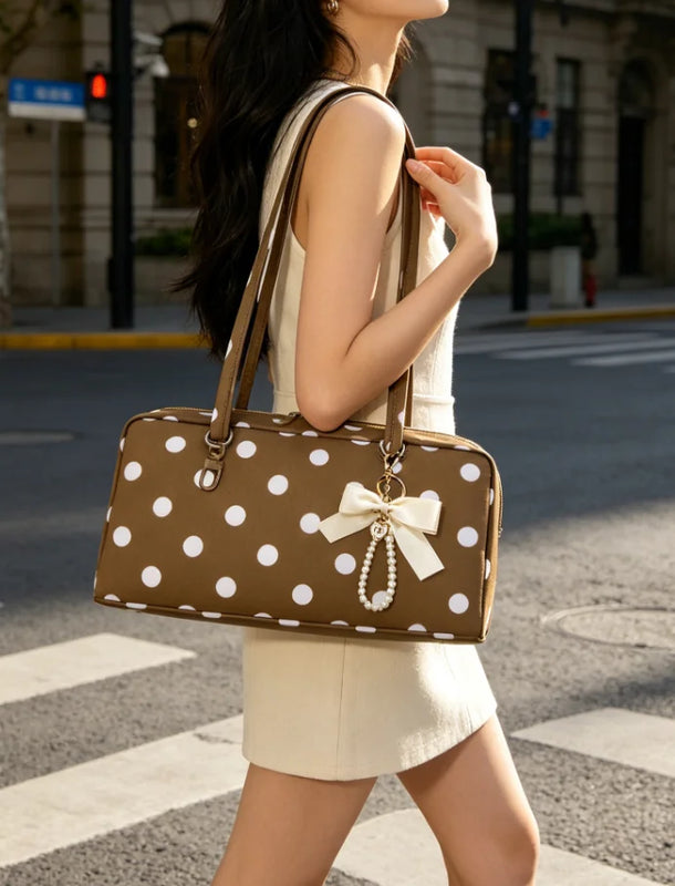 Slouchy Tote Bags Polka Dot Nylon Bowler Bag For Women Hobo Bags Large Shoulder Bag For Travel Work College Nylon Bowler Bag For Women Slouchy Lightweight Crescent Bag With Zipper Travel Tote Bag For Women Sandproof Swim Pool