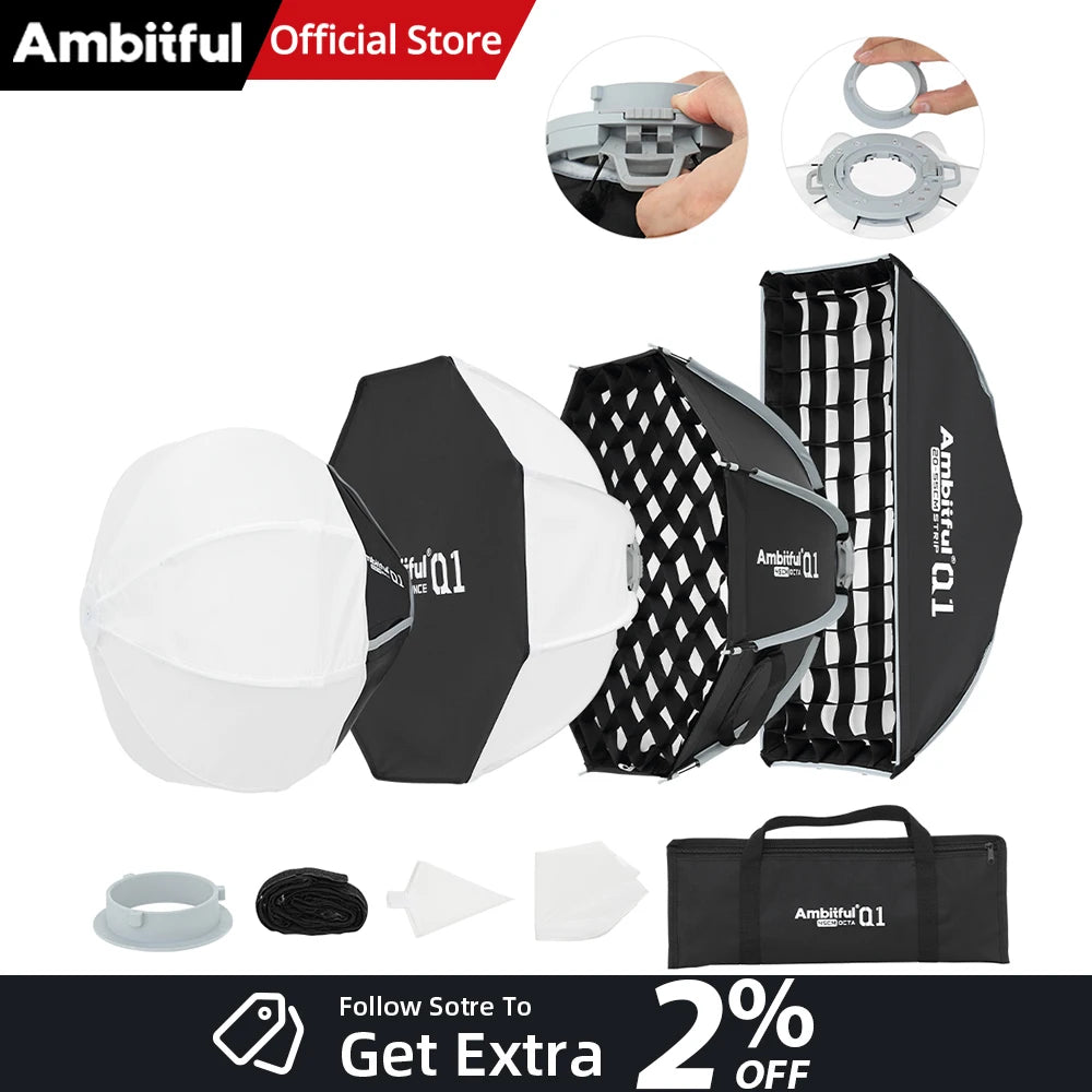AMBITFUL Q1 Mini Bowens / GODOX Mount 30cm 45cm Octa Softbox 20*55cm Strip Softbox 30cm Softball 45cm Bounce Softbox For GODOX