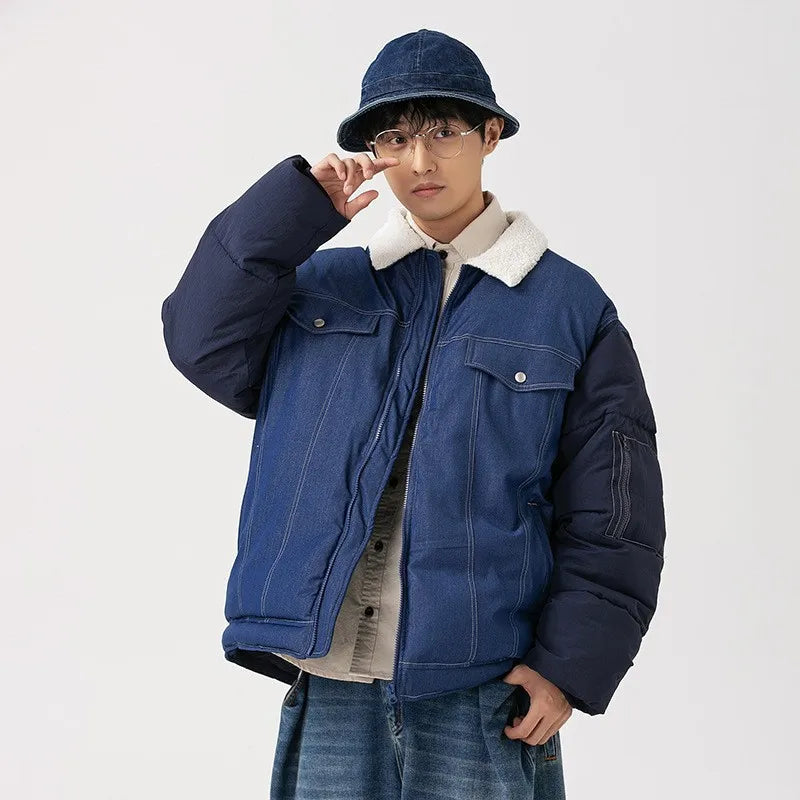 Denim Patchwork Oversized Men's Quilited Jackets, Y2k Lapel Mans Jacket, Streetwear Thermal Men's Jeans Coat