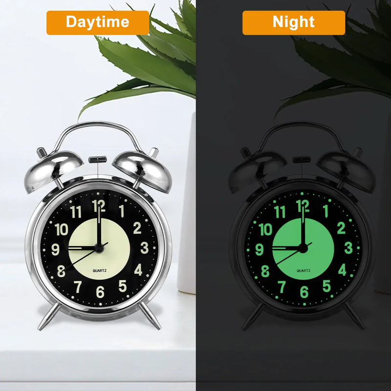 4 Inch Super Loud Alarm Clock for Heavy Sleepers Metal Retro Twin Bell with Backlight Quartz Analog Clock for Bedroom Bedsides