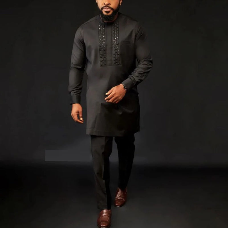 White Kaunda Suit Tuxedo Outfits Summer Short Sleeve Tops Pants with Pockets African Ethnic Casual Clothing Men Tuxedo 2PCS Suit