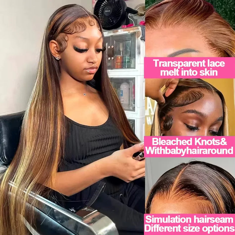Ombre Brown Colored Highlight Bone Straight Long Remy Human Hair Wigs 13x6 Lace Front Wig Transparent 13x4 Hd Lace Wig For Women