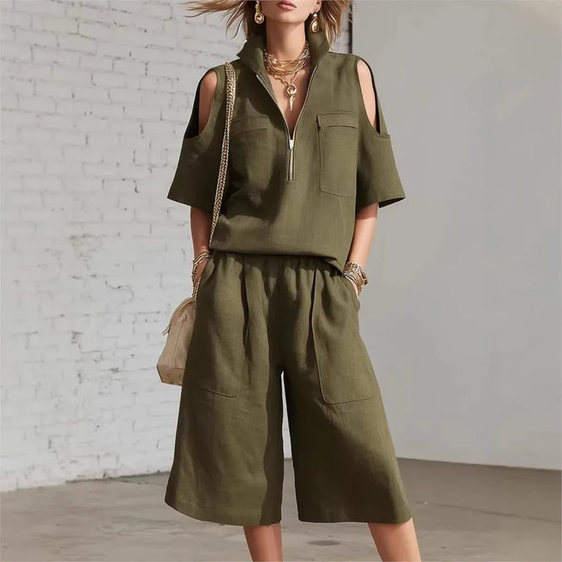 Women Fashion Zipper Stand Collar Hollow Short-sleeved Shirt Shorts 2-piece Set Summer Casual Loose Wide-leg Pocket Shorts Suit