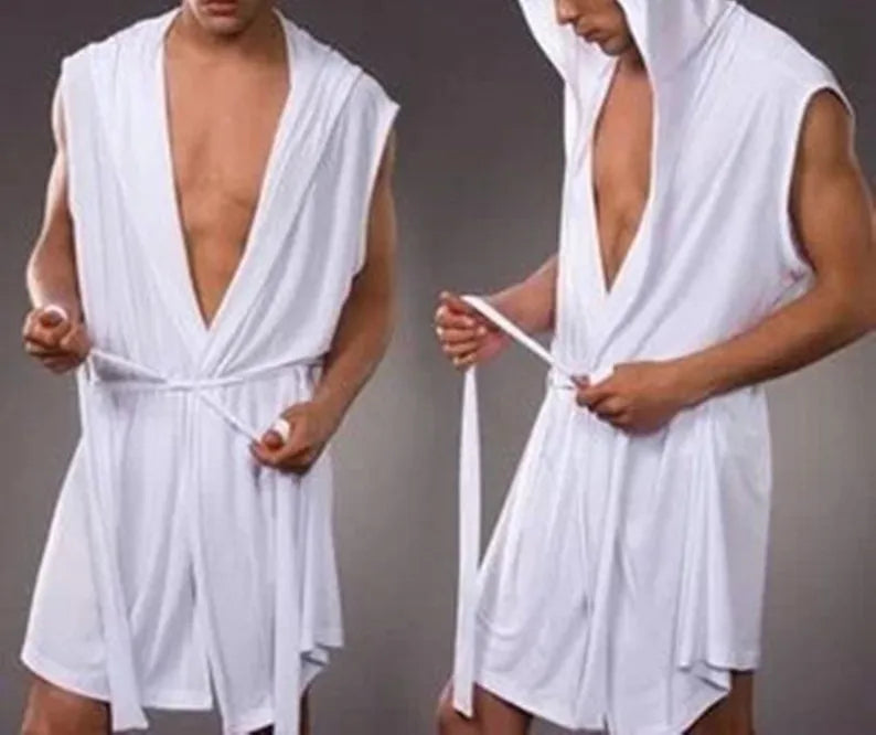 2026 Summer Men's Sexy Sleeveless Pajama Kimono Robe Fashion Loose Casual Hooded Bathrobes Cool Smooth Bath Robe Male Sleep Gown