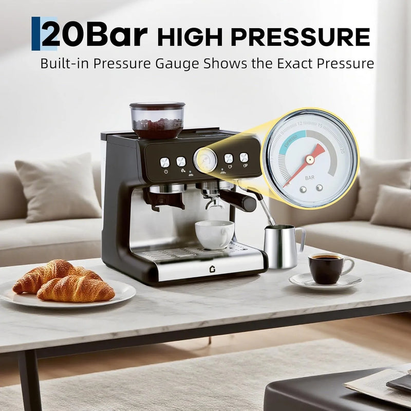 Stainless Steel Espresso Machine with Grinder 20 Bar ＆ 2.8l Removable Tank