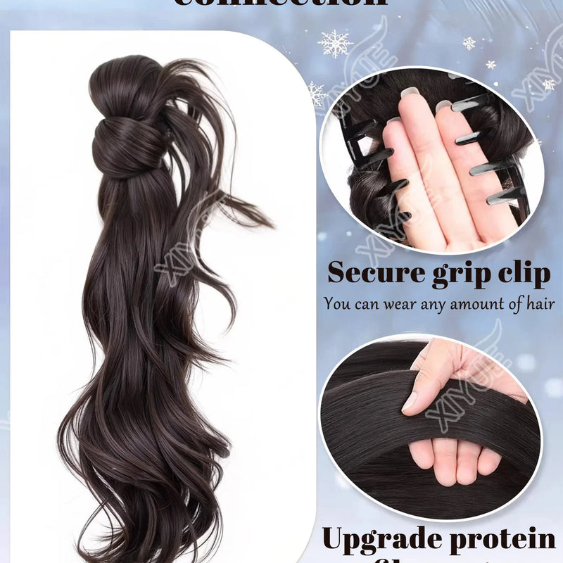 XIYUE Chinese Style Claw Clip Ponytail Braid Wig for Women, Elegant Updo, Natural Synthetic Hair Extension