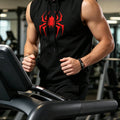 Men's Black Sleeveless Hooded Vest Spider Print Gym Tank Breathable Spring Summer Workout Casual Fitness Sportswear