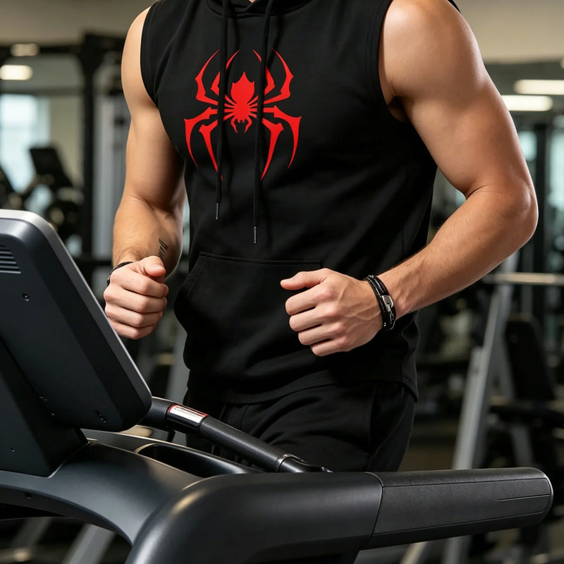 Men's Black Sleeveless Hooded Vest Spider Print Gym Tank Breathable Spring Summer Workout Casual Fitness Sportswear