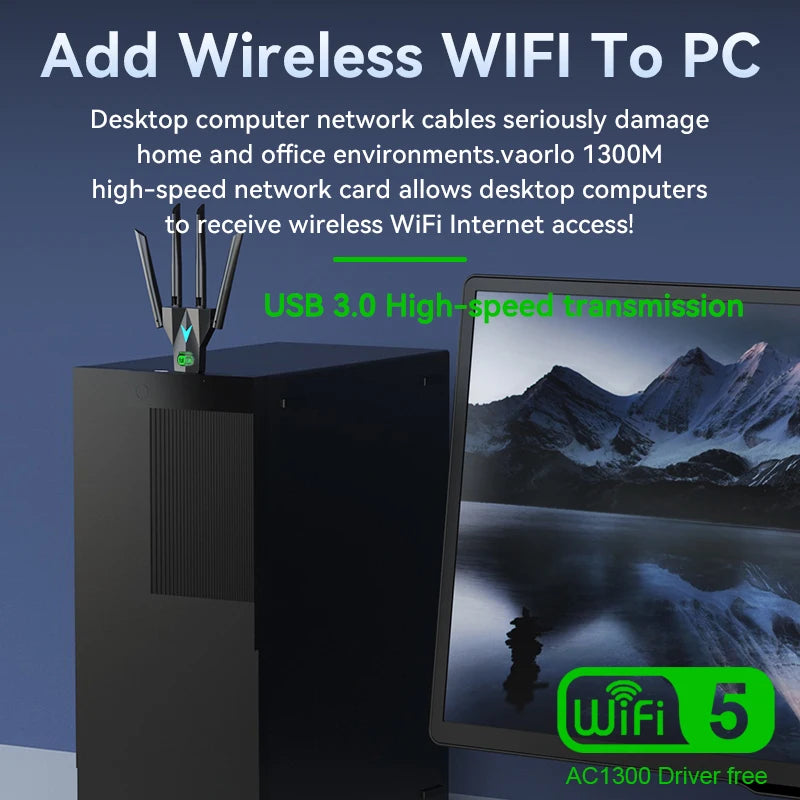 1300Mbps WiFi USB Adapter Dual Band 2.4G+5.8G Driver - free 4 Antennas 3.0 High - Speed Wireless Card - Visuel 3 | SAMAG