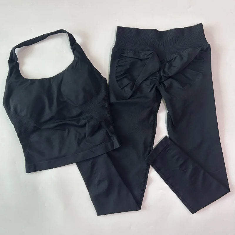 1-2pcs Gym Set Women Backless Tank Tops High Waist Scrunch Seamless Shorts High Waist Yoga Leggings Workout Sets Gym Suit