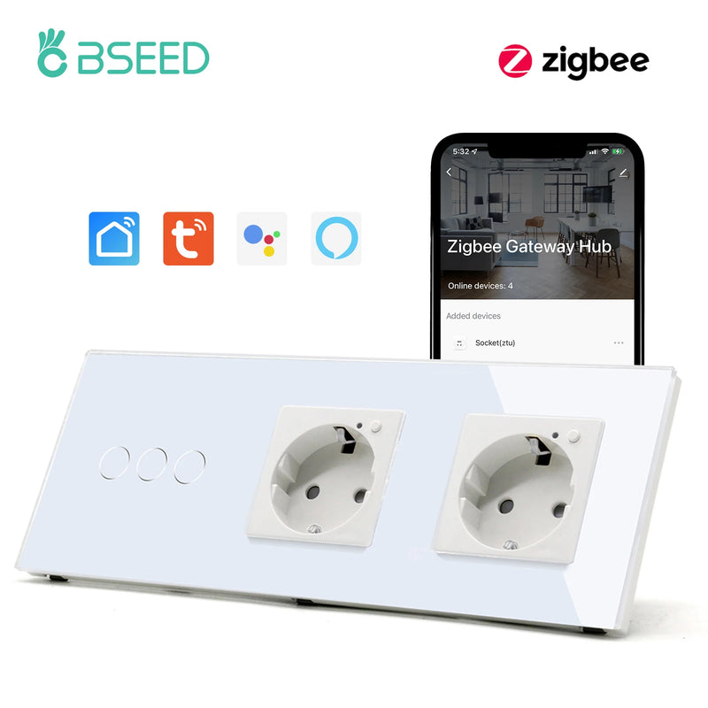 BSEED 1/2/3Gang Zigbee Touch Switch Wall Light Switch With Smart EU Socket Support Google Alexa Tuya Control No Neutral Line