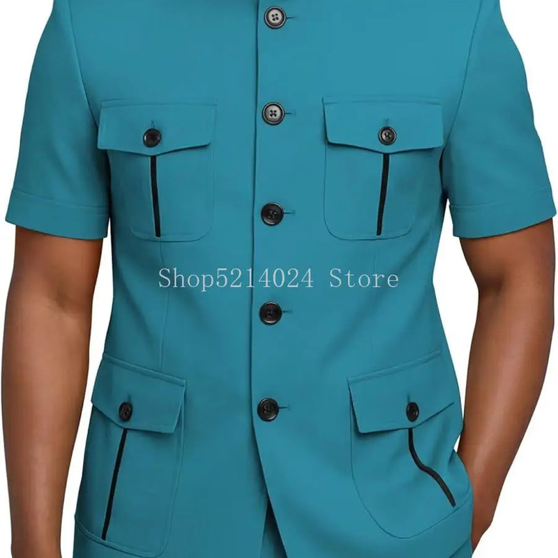 Mens Safari Suit 2 Piece Short Sleeve Suits for Men Regular Fit Stand Collar Suit African Clothes
