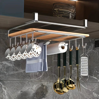 1PC Stainless Steel Hanging Kitchen Storage Rack with Hooks Paper Towel and Utensils Holder Cutting Board Shelf | SAMAG
