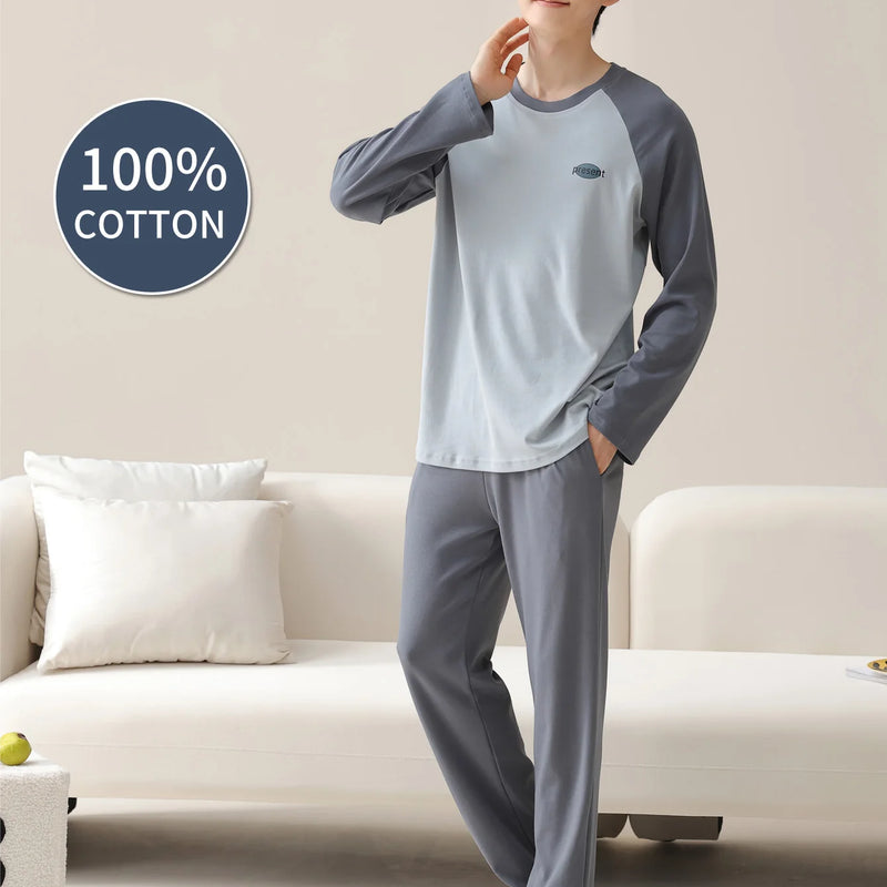 Men's 100% Cotton Long Sleeved Four Season Plus Size Men's Sleepwear, Teenage Pure Cotton Home Suit Set for Warmth