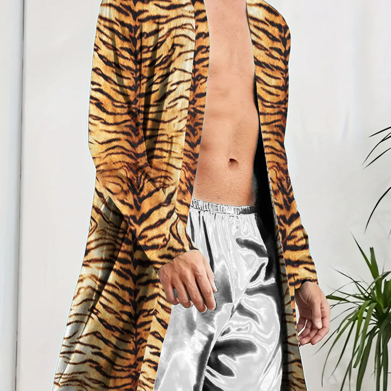 Men's Robes New Personalized Tiger Skin Patterned Men's Nightgown for Home Skin Friendly Thin Quick Drying Loose Fitting Pajamas