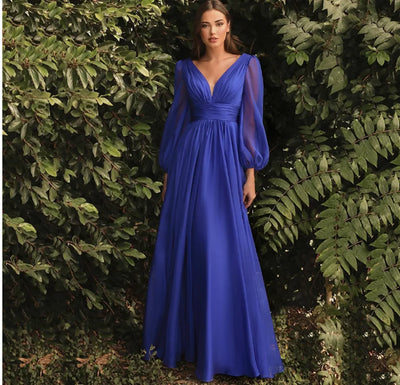 New Simple V Neck Long Bridesmaid Dresses with Sleeves | SAMAG
