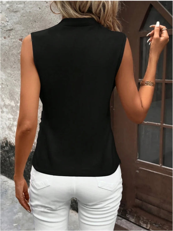 Women Sleeveless V Neck Wrap Blouse Side Ruched Asymmetric Hem Slim Casual Tank Top Elegant Office Daily Black Vest Shirt