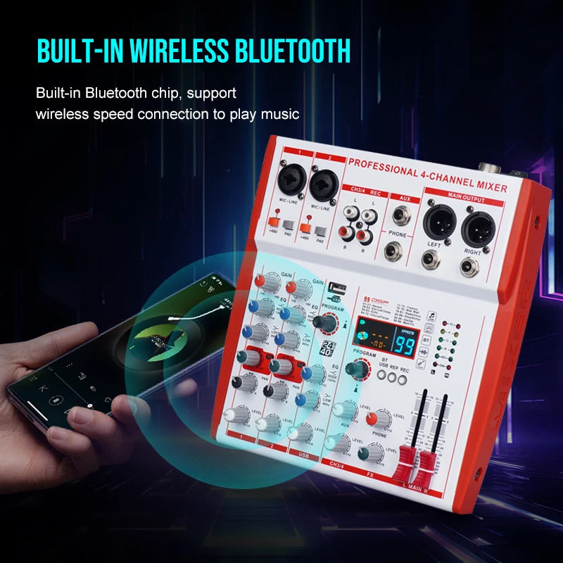 Professional 4 Channel Mixer with USB Audio Interface Bluetooth 48V Phantom Power for Live Performance Karaoke