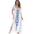 Swimsuit Cover Ups Embroidery V Neck Short Sleeve Swim Cover Up for Women Kaftan Dresses