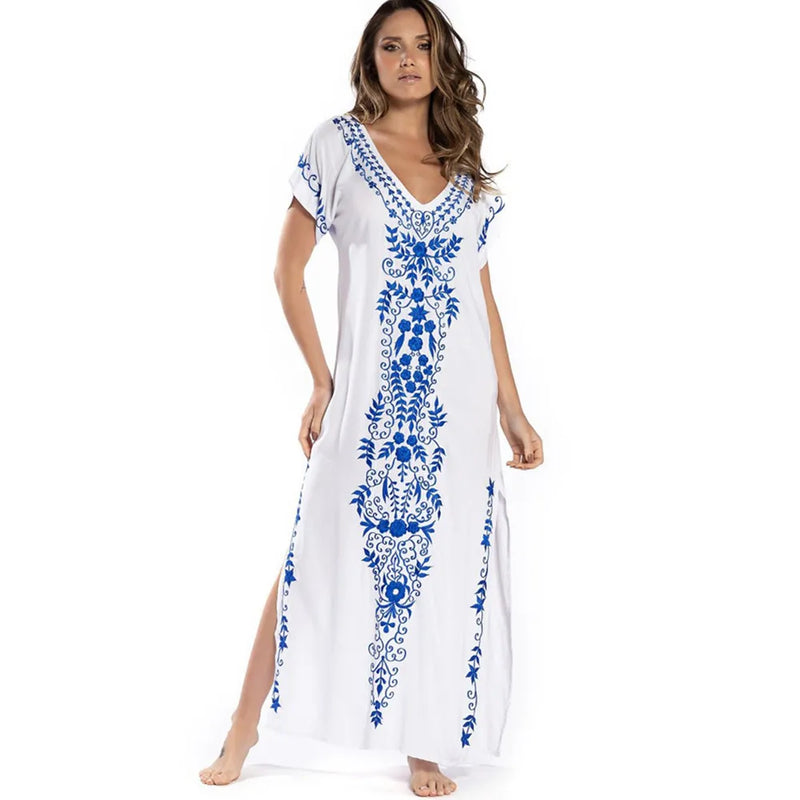 Swimsuit Cover Ups Embroidery V Neck Short Sleeve Swim Cover Up for Women Kaftan Dresses