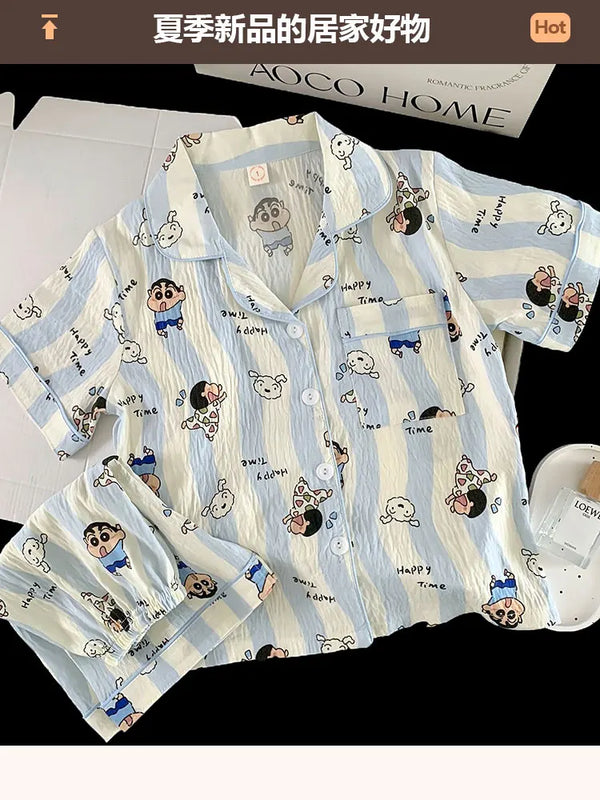Shin-chan cartoon-patterned pajama set, a short-sleeved top and matching shorts, comfortable summer homewear