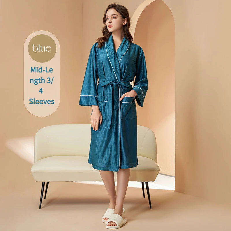 New Stripe Couple Bathrobe Cool Thin Spring Autumn Mid-Length Water Absorbent Loungewear Robe Men Women Luxury Home Nightgown