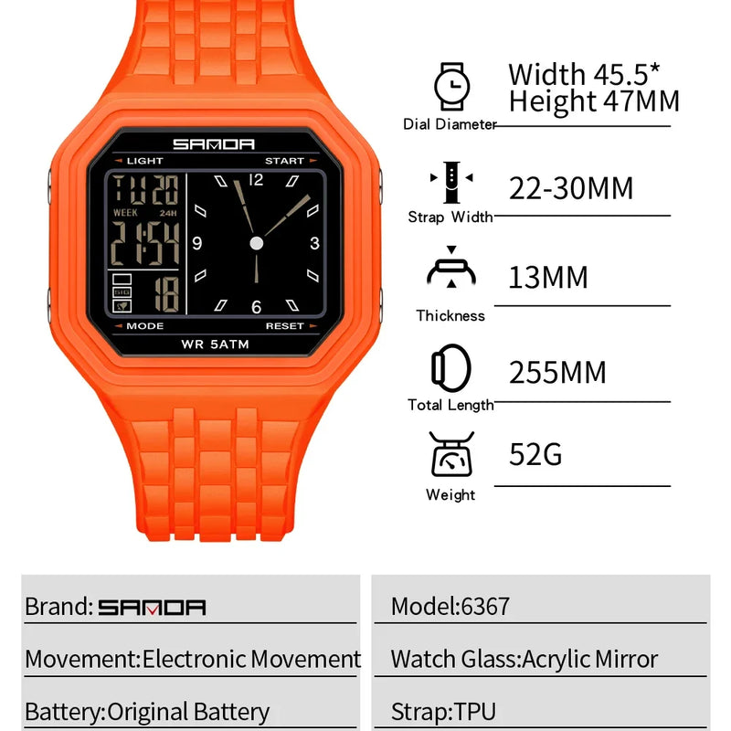 SANDA 6367 New Fashion Electronic Watch Men's 50m Waterproof Night Light Multi Functional Student Trend - Visuel 5 | SAMAG