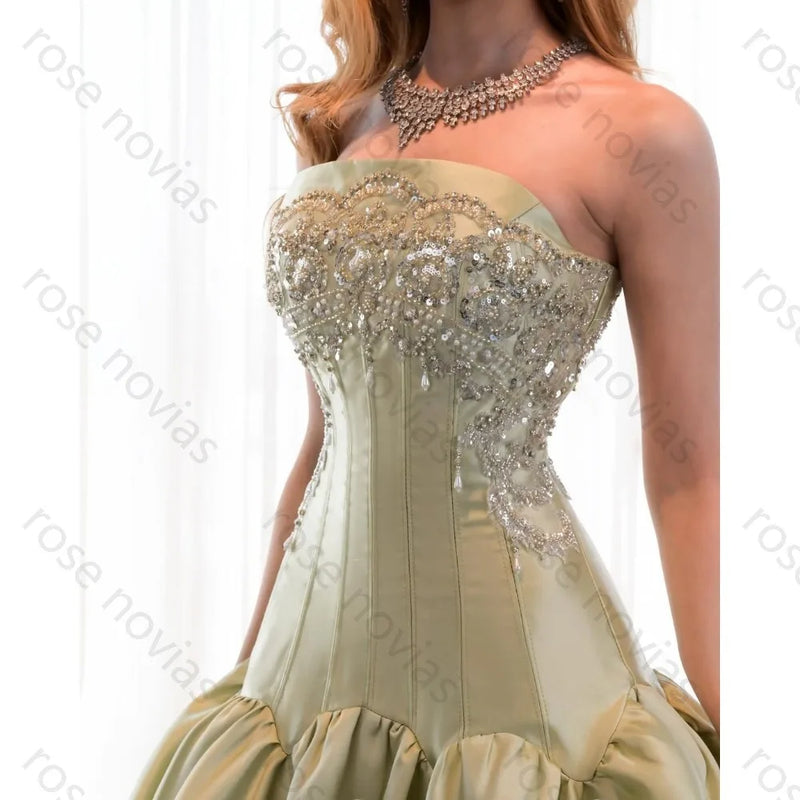 Customized Sage Green Formal Dress Strapless Beaded | SAMAG