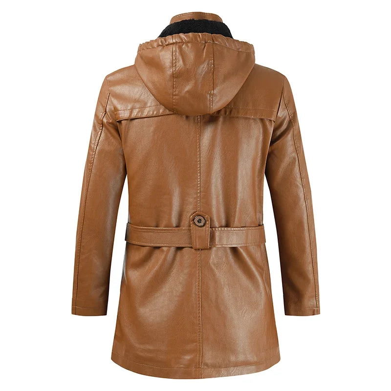 Coat Windproof Clothes Men's Hooded Long Leather coat Men's Leather Motorcycle Leather fashion Winter Korean Fashion Jacket