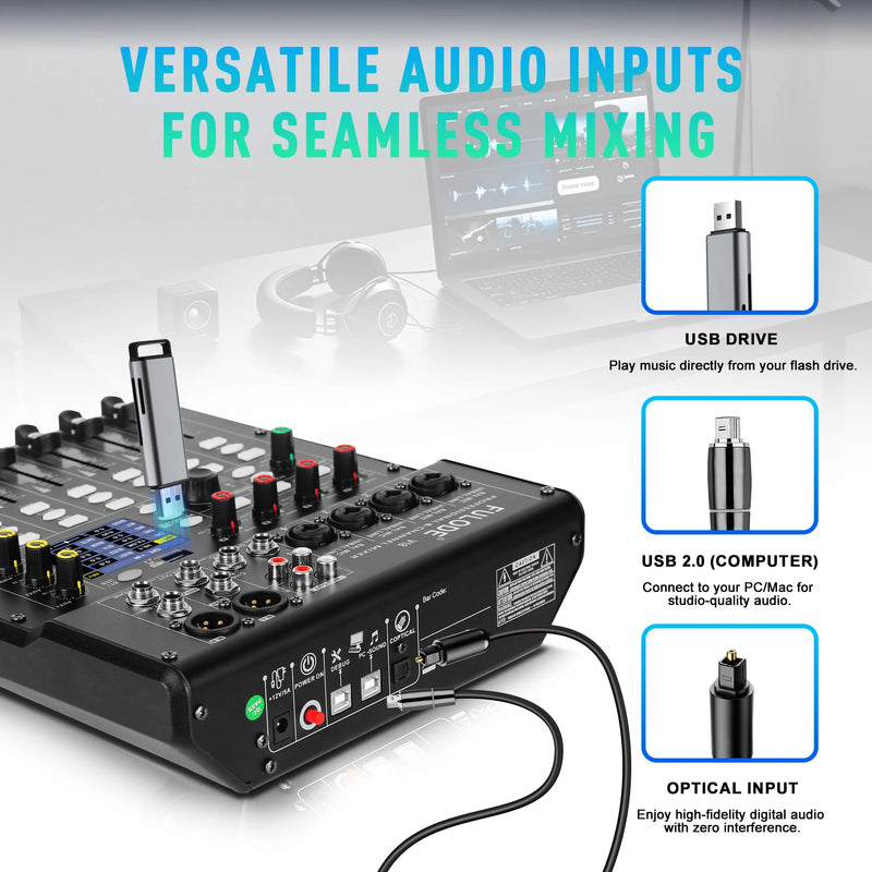 Fuluode 8-Channel Bluetooth Audio Mixer 4-Band EQ  Portable Sound Mixing Console USB Interface Live Recording Studio Karaoke