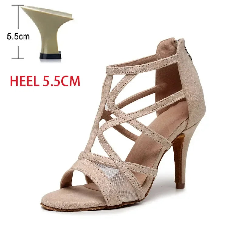 Adult Latin Dance Shoes for Woman Soft Sole Heel Sandal Female Cha Cha Tango Professonal Ballroom Training Stage Boots OEM Heel