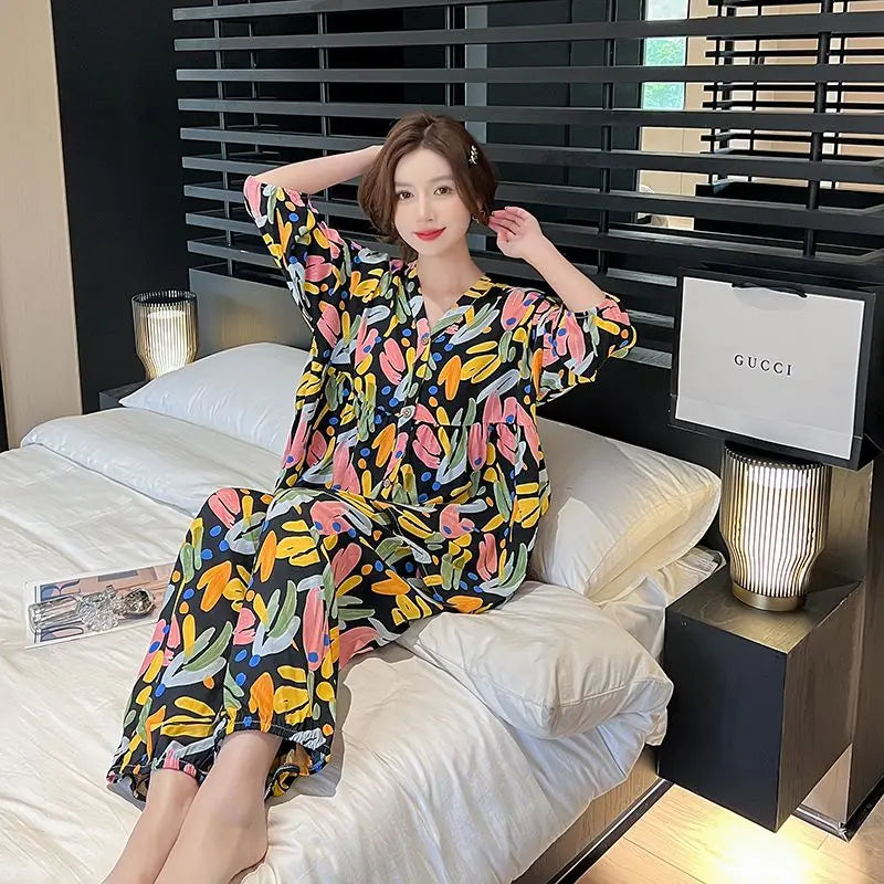 Cotton Sleepwear Big Size Cardigan Seven-minute Pants Two-piece Print Loungewear Pajama Sets Summer Nightwear Korean Fashion