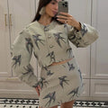 Casual Print Mini Skirts Sets Women O Neck Long Sleeves Single Breasted High Waist Loose Suits Female 2026 Autumn New Chic Set