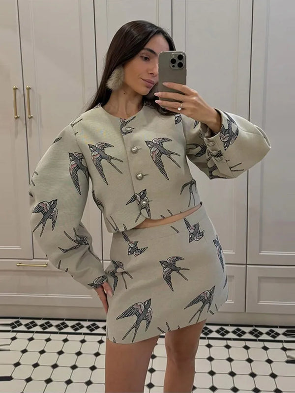 Casual Print Mini Skirts Sets Women O Neck Long Sleeves Single Breasted High Waist Loose Suits Female 2026 Autumn New Chic Set