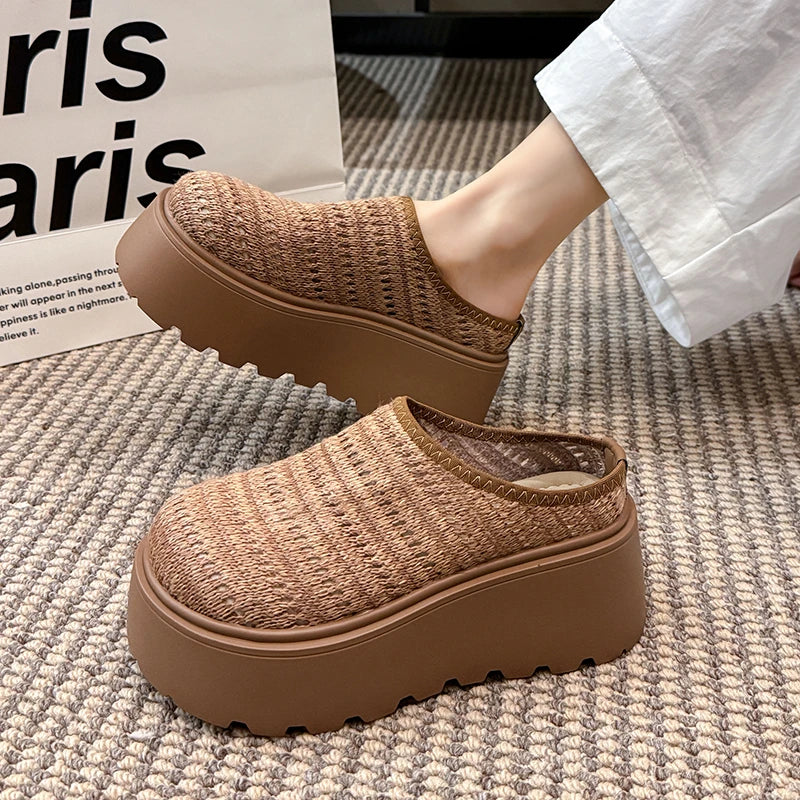 Women Ladies Summer Hollow Knit Mesh Chunky Wedge Heels Platform Round Toe Clogs Slides Casual Lazy Mules Sandals Slippers Shoes