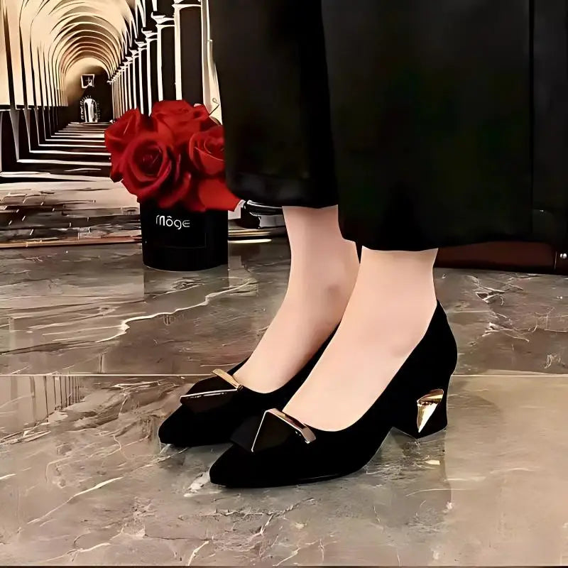 Luxury Metal Buckle Women's Suede Pointed Toe Chunky Mid Heel Elegant Office Dress Shoes Designer Wedding Party Heels 2026