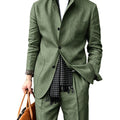 Men's Linen Blend 2 Piece Suit Set Stand Collar Breathable Casual Blazer Pants For Business Daily Wear