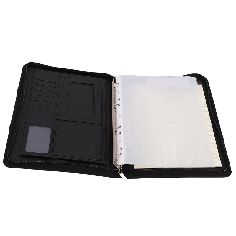 PU Leather Portfolio with Zipper 10 File Pockets 30 Sheets Notebook 4 Rings Binder A4 Document Organizer 10.1 Inch Tablet Cover