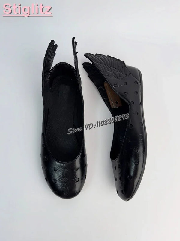 Retro White Wings Ballet Flats Solid Round Toe Sewing Shallow Low Heel Casual Roman Shoes 2025 Summer New Fashion Women Shoes