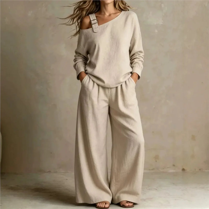 Women sexy one-Shoulder Strap Buckle casual two Piece Sets Autumn Solid Slant Neck Long Sleeve top  Wide Leg Pants Matching Sets