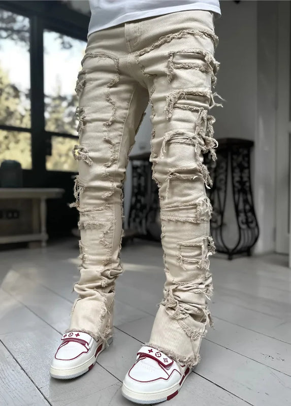 Men's Regular Fit Stacked Jeans Ripped Slim Patch | SAMAG