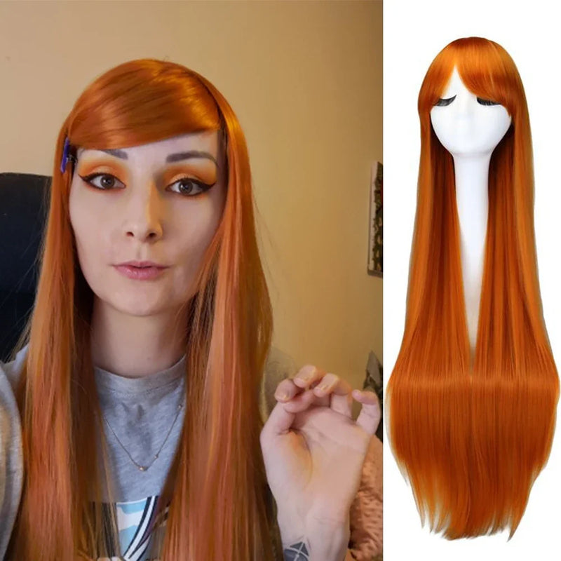 QQXCAIW Long Straight Cosplay Wig Black Purple Black Red Pink Blue Dark Brown 100 Cm Synthetic Hair Wigs
