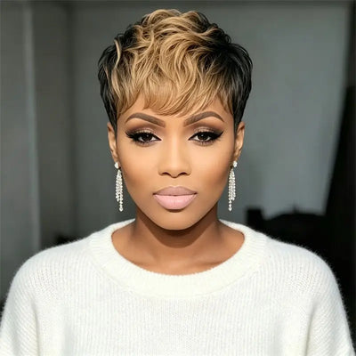 Pixie Cut Human Hair Wig Full Machine Made Black Honey Blonde Ombre 6 Inch Curly Layer Short Wig For Black Women Daily Party