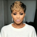Pixie Cut Human Hair Wig Full Machine Made Black Honey Blonde Ombre 6 Inch Curly Layer Short Wig For Black Women Daily Party