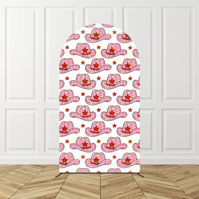 Cowgirl Pink Arch Backdrop Birthday Party Photo Background Kids Western Theme Decor Horse Shoe Boots Hat Pattern Celebration Bac