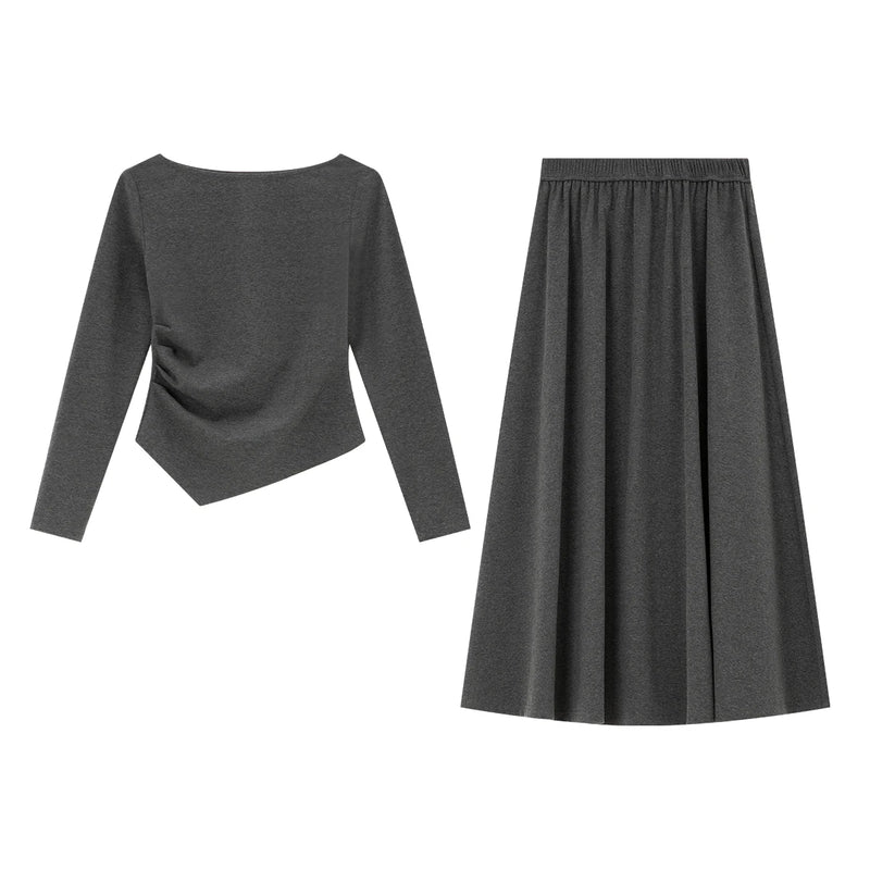 VIMLY Women's Two-Piece Set Elegant Hem Irregular Long Sleeve T-shirt Elastic Waist Long Skirt Fall Matching Outfit Female M8577