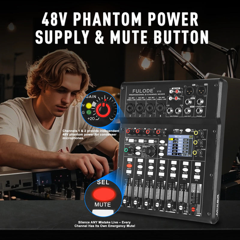Fuluode 8-Channel Bluetooth Audio Mixer 4-Band EQ  Portable Sound Mixing Console USB Interface Live Recording Studio Karaoke